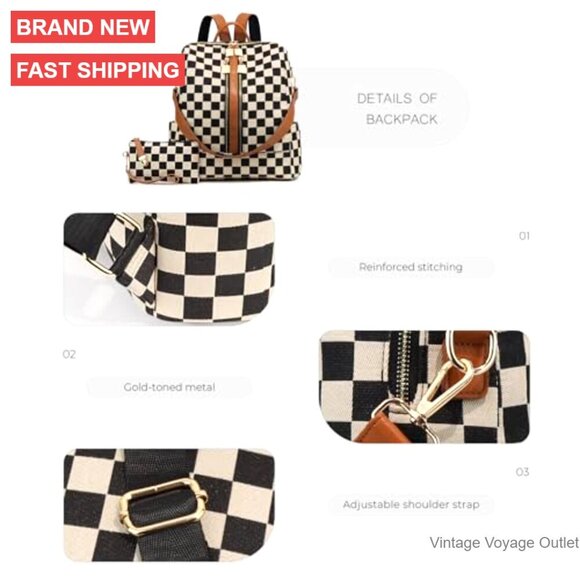Checkered Canvas Backpack Purse for Women, Daypack for Travel Work main image 5